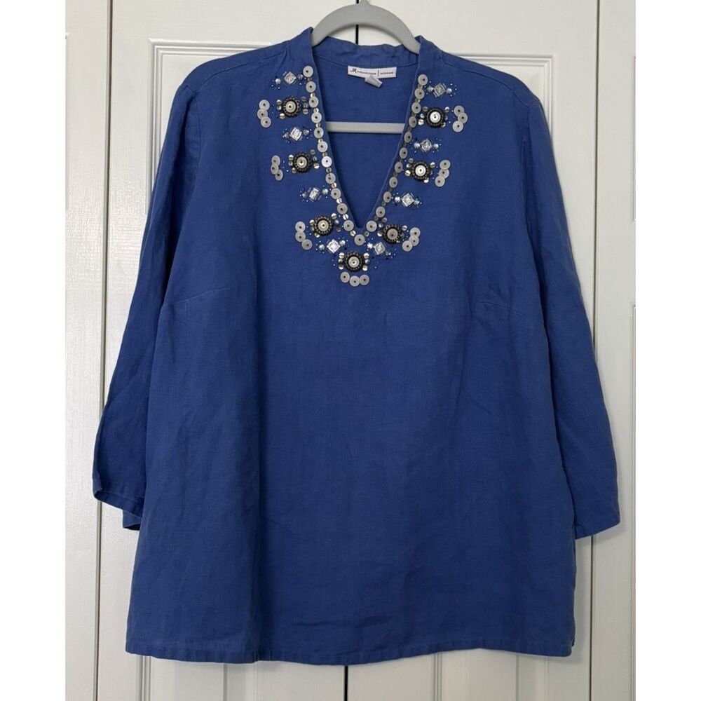 Beaded 100% Linen V- Neck Flare Sleeve Top 18 W Coastal, Resort, Vacation Boho